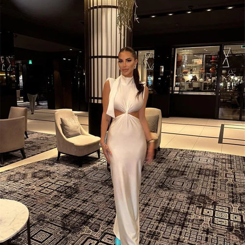 Load image into Gallery viewer, Hollow Out Turtleneck Sexy Maxi Dress For Women Fashion Solid Sleeveless Bodycon Tank Dresses Femme Club Party Dress
