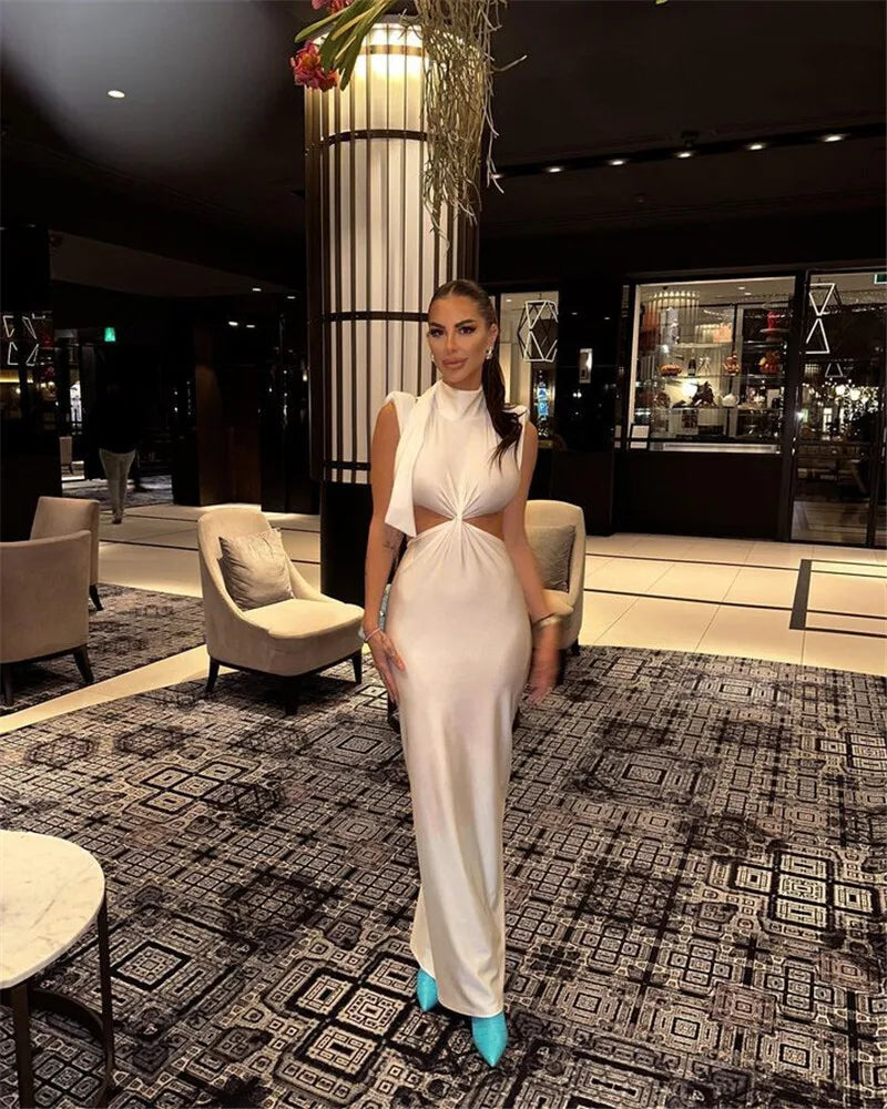 Hollow Out Turtleneck Sexy Maxi Dress For Women Fashion Solid Sleeveless Bodycon Tank Dresses Femme Club Party Dress