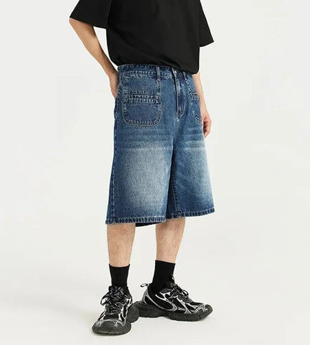 High Street Men's Shorts Denim Front Pocket Washed Solid Color Casual Bottom Straight Wide Leg Loose Male Jeans 9C8681
