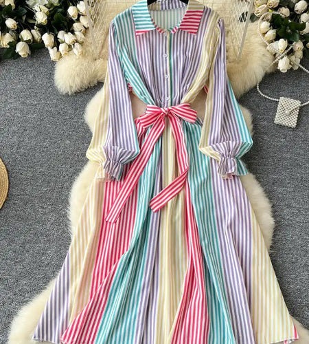 Vintage Women's Rainbow Striped Single Breasted Bow Bandage Long Dress Autumn Vacation Long Sleeved Shirt Dress Casual Clothing