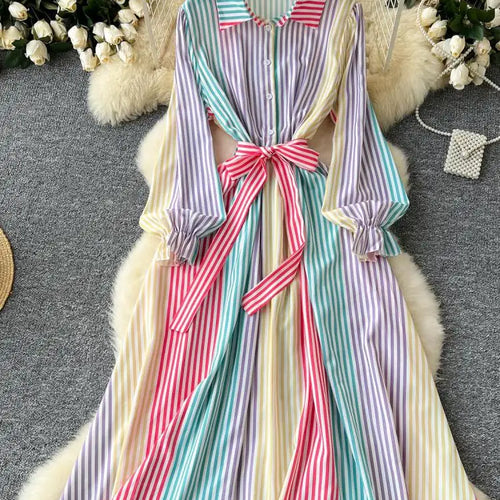 Load image into Gallery viewer, Vintage Women's Rainbow Striped Single Breasted Bow Bandage Long Dress Autumn Vacation Long Sleeved Shirt Dress Casual Clothing
