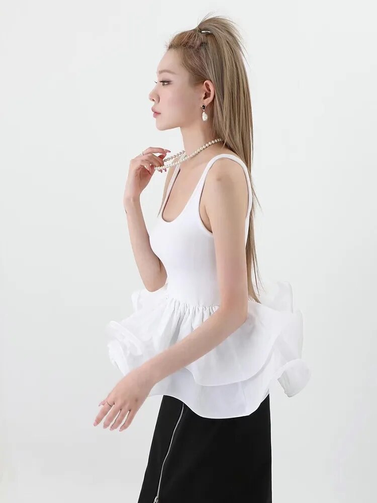 Ruffles Solid Tank Tops For Women Square Collar Sleeveless Mini Summer Vest Female Fashion Style Clothing