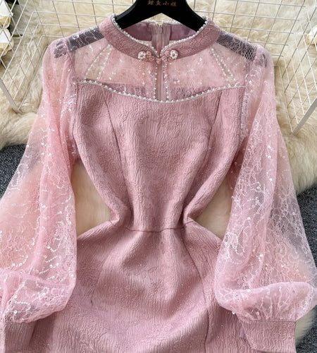 Autumn 2024 New Chinese Style Retro Elegant Long Sleeve Slim Evening Party Dresses Women Pink Sequin Patchwork Lace Short Dress