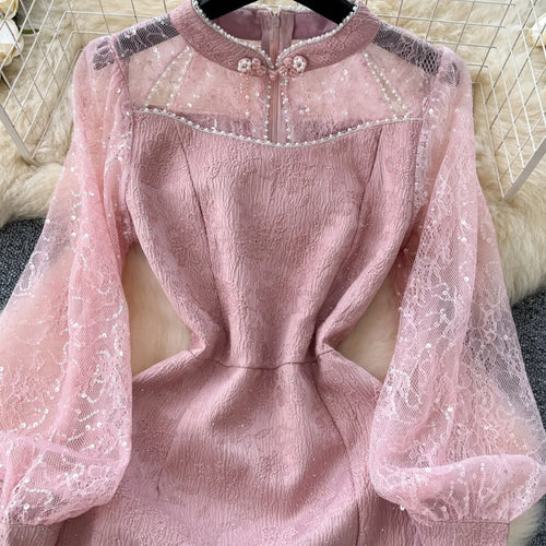 Load image into Gallery viewer, Autumn 2024 New Chinese Style Retro Elegant Long Sleeve Slim Evening Party Dresses Women Pink Sequin Patchwork Lace Short Dress
