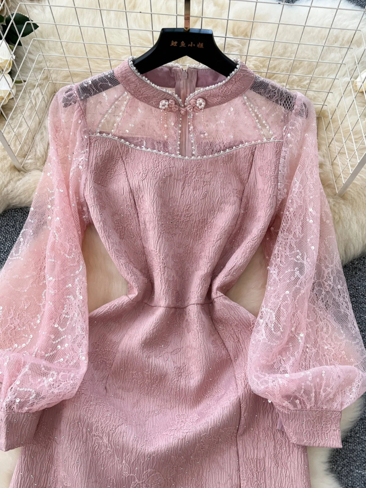 Autumn 2024 New Chinese Style Retro Elegant Long Sleeve Slim Evening Party Dresses Women Pink Sequin Patchwork Lace Short Dress