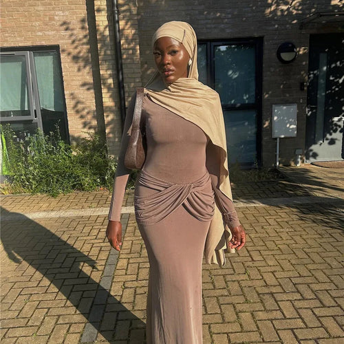 Load image into Gallery viewer, Diagonal Collar Long Sleeve Maxi Dress For Women Autumn Winter New Solid High Waist Ruched Bodycon Sexy Long Dress
