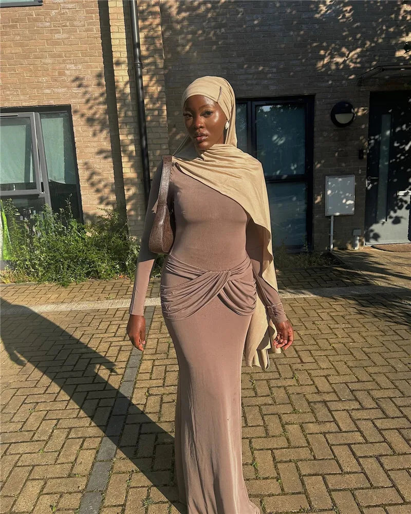 Diagonal Collar Long Sleeve Maxi Dress For Women Autumn Winter New Solid High Waist Ruched Bodycon Sexy Long Dress