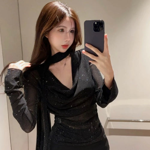 Load image into Gallery viewer, See Through Fashion V Neck Long Sleeve Tees Y2k Aesthetic Elegant Chic Women T-shirts Korean Slim Streetwear All Match Tshirts
