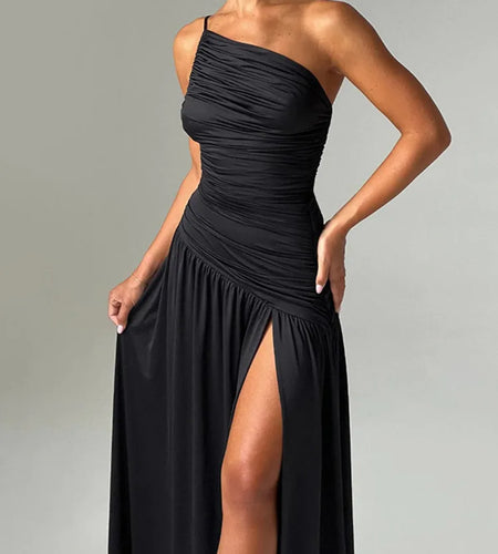 Sleeveless High Split Maxi Dress For Women Fashion Single Shoulder Strap Off-shoulder Backless Bodycon Sexy Long Dress