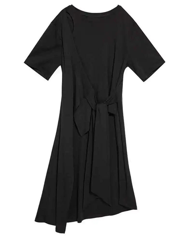 Women White Irregular Hem Big Size Long T-shirt New Round Neck Short Sleeve Fashion Tide Spring Summer 2025 1DF8717