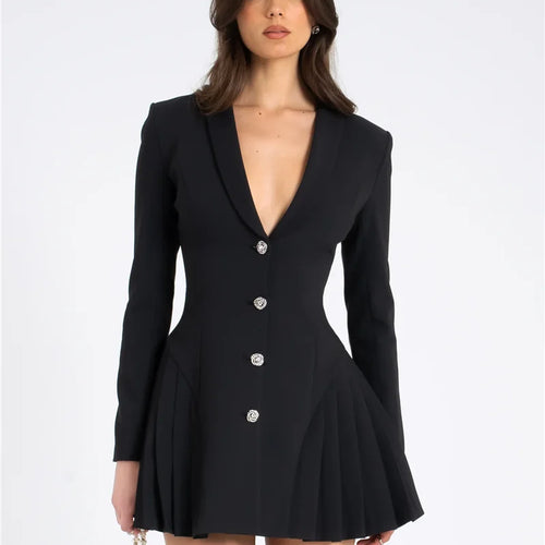 Load image into Gallery viewer, Autumn Black Blazer Mini Dress For Women Fashion V Neck Single-breasted Long Sleeve High Waist Pleated Sexy Dress

