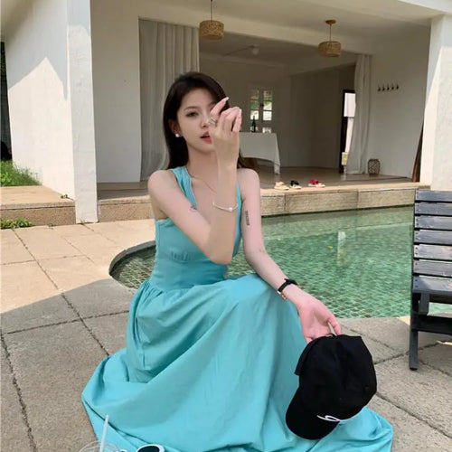 Load image into Gallery viewer, Korean Fashion 2024 Women's Blue High Waist Vacation Vest Long Dress Sleeveness O-neck Party Club Pleated Sundress Summer Simple
