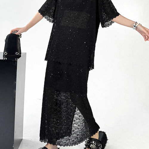 Load image into Gallery viewer, Black Lace T-shirt Back Slit Skirt Two Pieces Suit New Round Neck Short Sleeve Women Fashion Spring Summer 2025 1DJ1159
