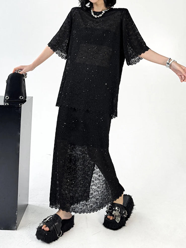 Black Lace T-shirt Back Slit Skirt Two Pieces Suit New Round Neck Short Sleeve Women Fashion Spring Summer 2025 1DJ1159