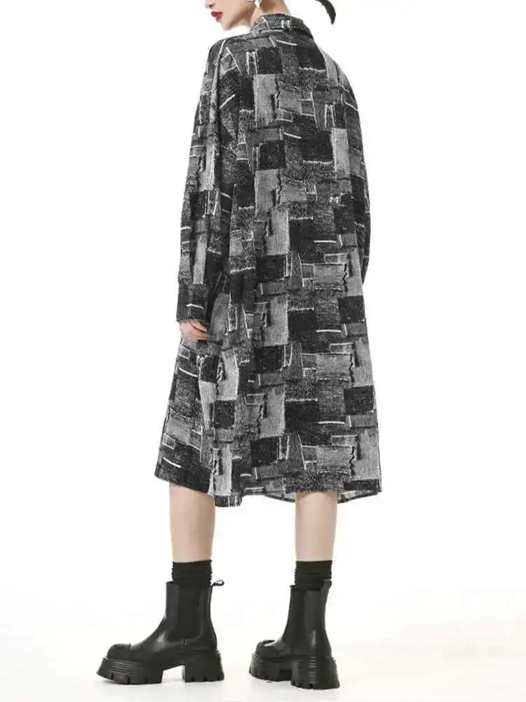 Women Black Pattern Printed Pocket Big Size Midi Shirt Dress New Lapel Long Sleeve Fashion Tide Spring Autumn 2025 1DH4102