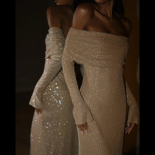 Load image into Gallery viewer, Elegant Strapless Sparkle Maxi Dress For Women Fashion Off-shoulder Backless Long Flare Sleeve Bodycon Club Party Dress
