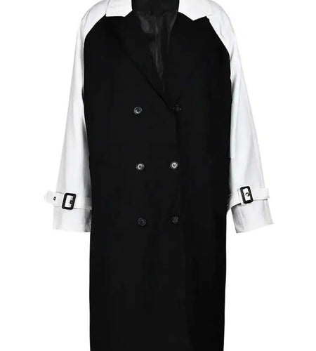 Women Black Color-block Big Size Trench New Lapel Long Sleeve Loose Fit Windbreaker Fashion Spring Autumn 2025 1DF328401