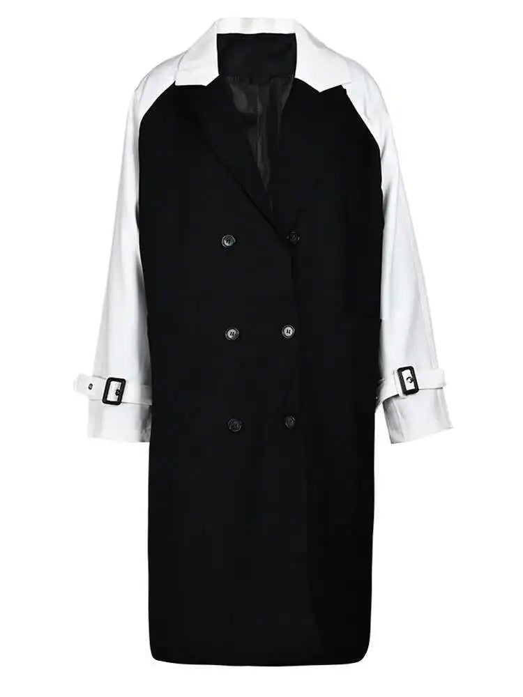 Women Black Color-block Big Size Trench New Lapel Long Sleeve Loose Fit Windbreaker Fashion Spring Autumn 2025 1DF328401