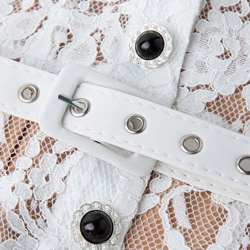 Load image into Gallery viewer, Solid Spliced Lace Slimming Dresses For Women O Neck Short Sleeve High Waist Patchwork Button Dress Female Fashion
