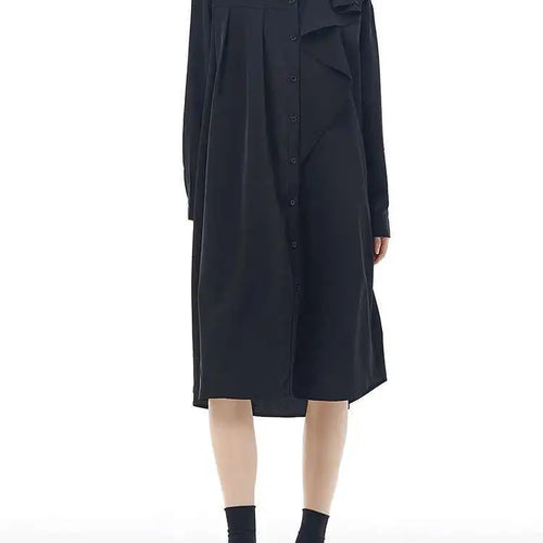 Load image into Gallery viewer, Women Gray Ruffles Pleated Midi Elegant Big Size Shirt Dress New Lapel Long Sleeve Fashion Tide Spring Autumn 2025 1DH7415
