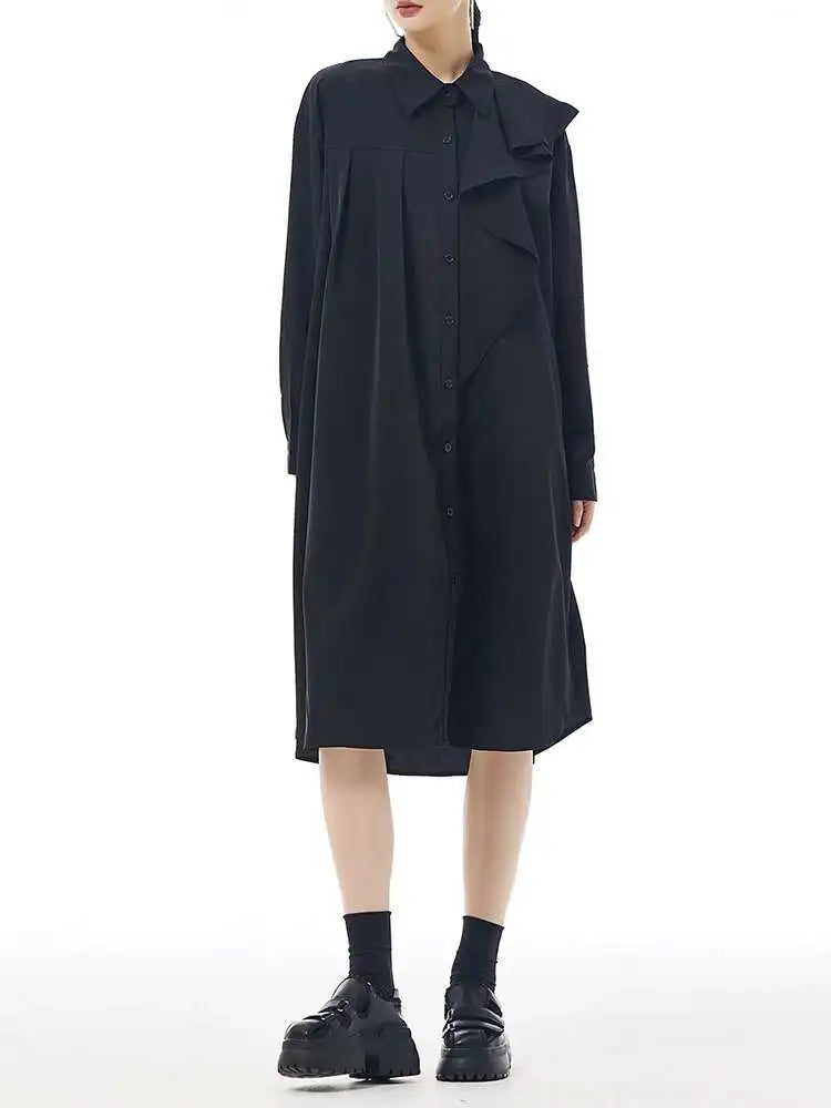 Women Gray Ruffles Pleated Midi Elegant Big Size Shirt Dress New Lapel Long Sleeve Fashion Tide Spring Autumn 2025 1DH7415