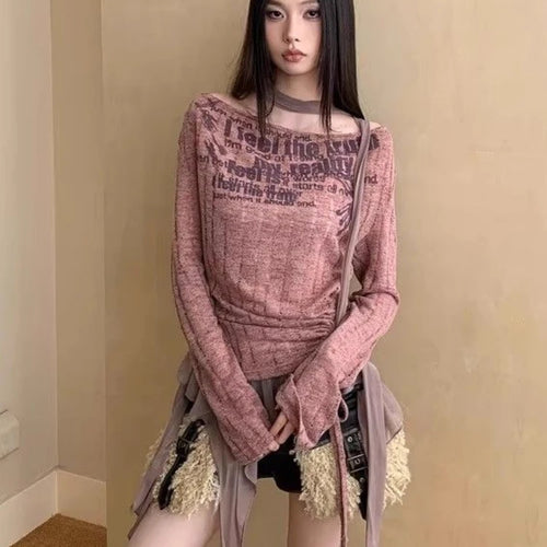 Load image into Gallery viewer, Vintage Patchwork Irregular Ruffled Tops Women Slash Neck Harajuku Drawstring Tshirts Y2k Aesthetic Letter Print Grunge T-shirts
