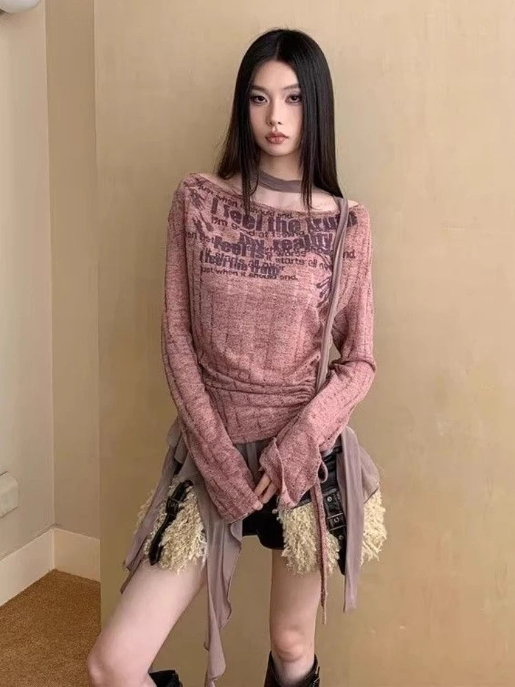 Vintage Patchwork Irregular Ruffled Tops Women Slash Neck Harajuku Drawstring Tshirts Y2k Aesthetic Letter Print Grunge T-shirts