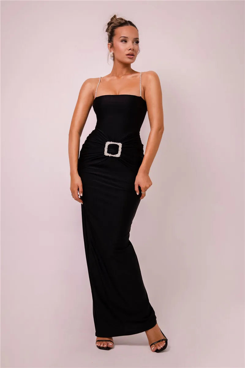 Glitter Spaghetti Strap Sexy Maxi Dress For Women Fashion Sleeveless Backless Bodycon Club Party Long Dress Elegant