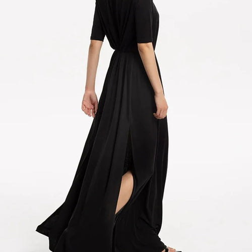 Load image into Gallery viewer, Solid Hollow Out Loose Dresses For Women O Neck Short Sleeve High Waist  Temperament Long Dress Female Fashion New
