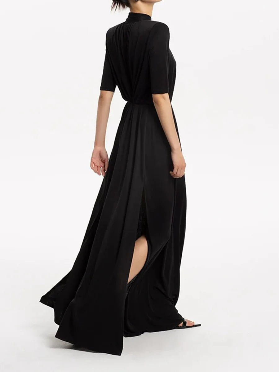 Solid Hollow Out Loose Dresses For Women O Neck Short Sleeve High Waist  Temperament Long Dress Female Fashion New