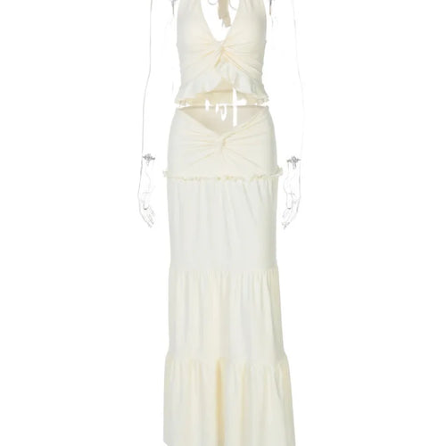 Load image into Gallery viewer, Sexy Sleeveless Skirt Two Pieces Sets For Women V-neck Hollow Out Crop Tops And Long Skirt Patchwork Two Pieces Sets
