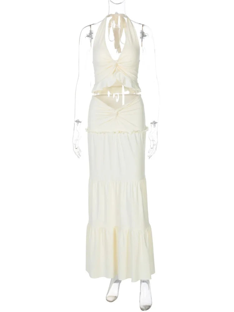 Sexy Sleeveless Skirt Two Pieces Sets For Women V-neck Hollow Out Crop Tops And Long Skirt Patchwork Two Pieces Sets