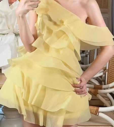 Solid Spliced Ruffles Slimming Dresses For Women Diagonal Collar Sleeveless High Waist Temperament Dress Female New