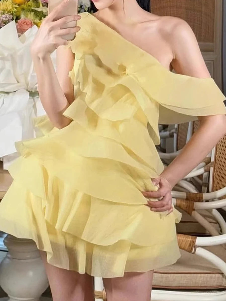 Solid Spliced Ruffles Slimming Dresses For Women Diagonal Collar Sleeveless High Waist Temperament Dress Female New