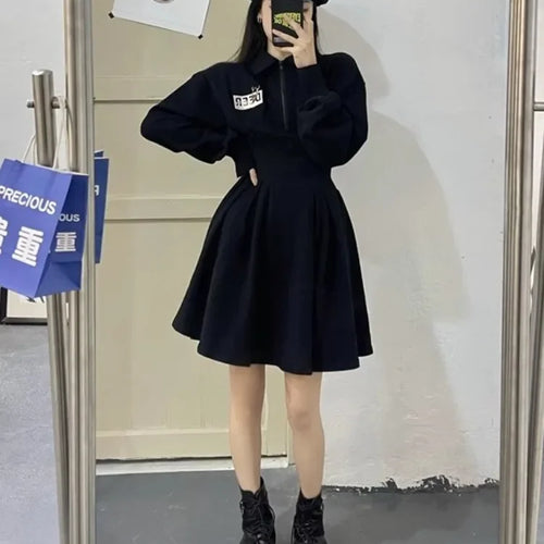 Load image into Gallery viewer, Korean Zip Oversized Black Mini Dress Women Kpop Letter School Student Sport Wrap Long Sleeve Short Dresses Autumn
