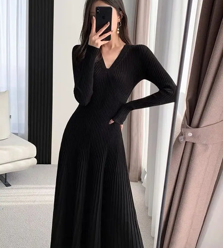 Black Sweet Sweater Midi Dress For Woman 2023 Casual Autumn Winter Knitted Korean V-neck Long Sleeve Elegance Red Dress Fashion
