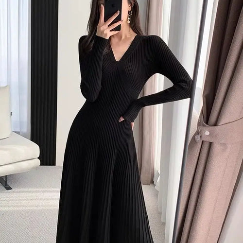 Load image into Gallery viewer, Black Sweet Sweater Midi Dress For Woman 2023 Casual Autumn Winter Knitted Korean V-neck Long Sleeve Elegance Red Dress Fashion
