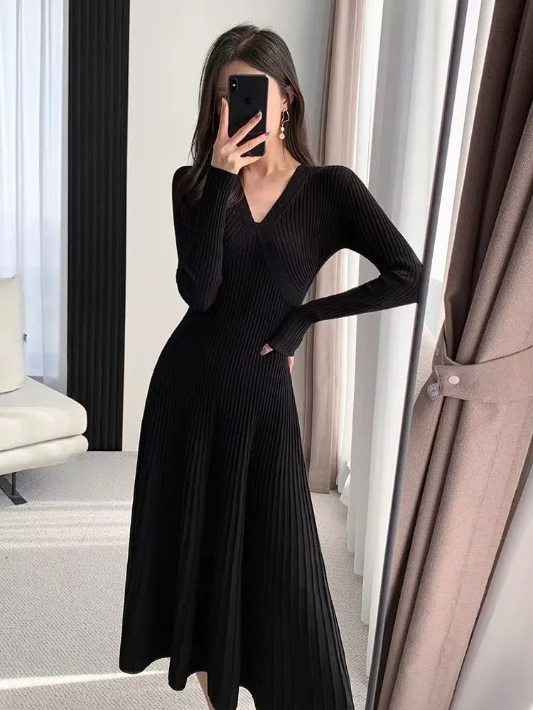 Black Sweet Sweater Midi Dress For Woman 2023 Casual Autumn Winter Knitted Korean V-neck Long Sleeve Elegance Red Dress Fashion