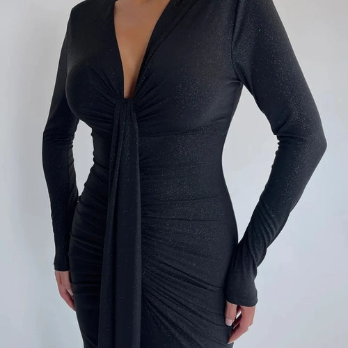 Load image into Gallery viewer, Elegant Long Sleeved Lace Up Pleated Evening Dress For Women Vneck Bodycon Elastic Maxi Dress Female Party Club Vestidos
