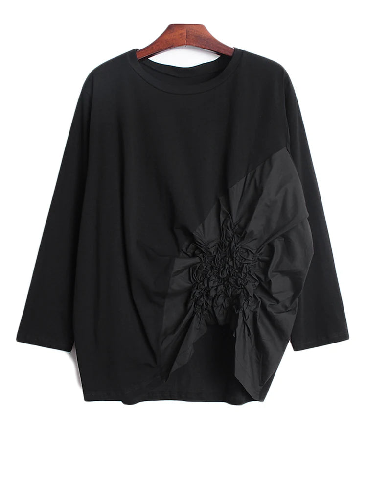 Women Black Pleated Irregular Hem Big Size T-shirt New Round Neck Long Sleeve Fashion Tide Spring Autumn 2025 1DH9924