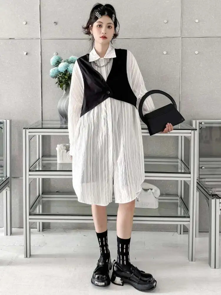 Women Black White Color-block Big Size Striped Shirt Dress New Lapel Long Sleeve Fashion Spring Autumn 2025 1DH4348