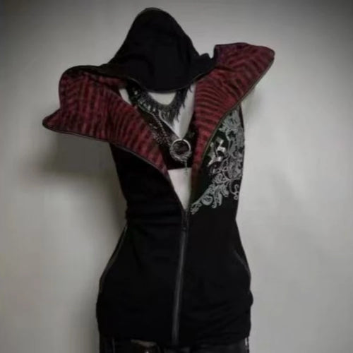 Load image into Gallery viewer, Harajuku Casual Women Printing Vest Coat Grunge Streetwear Sleeveless Patchwork Hooded Coats Y2k Aesthetic Zipper Pocket Jackets
