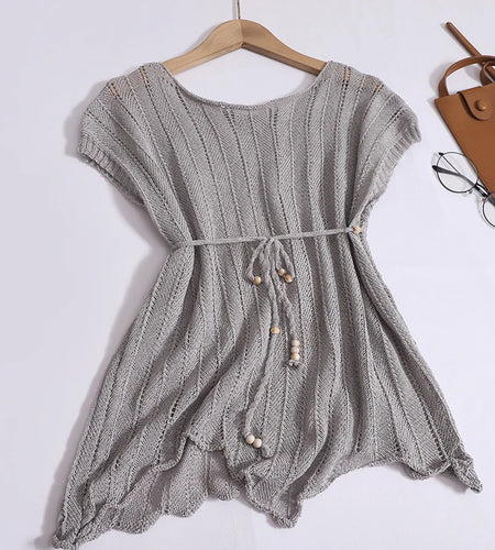Korean Simplicity Solid Irregular Hollow Out Knit T Shirt Summer New Women Loose Round Neck Short Sleeve Lace-up Tops Popular