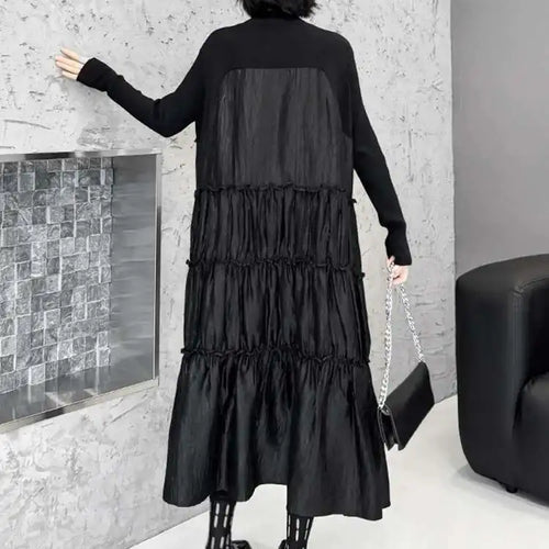Load image into Gallery viewer, Women Black Knitting Beads Pleated Big Size Midi Dress New Round Neck Long Sleeve Fashion Tide Spring Autumn 2025 1DH9219
