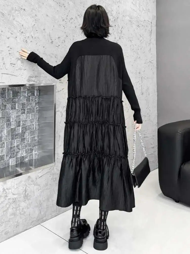 Women Black Knitting Beads Pleated Big Size Midi Dress New Round Neck Long Sleeve Fashion Tide Spring Autumn 2025 1DH9219