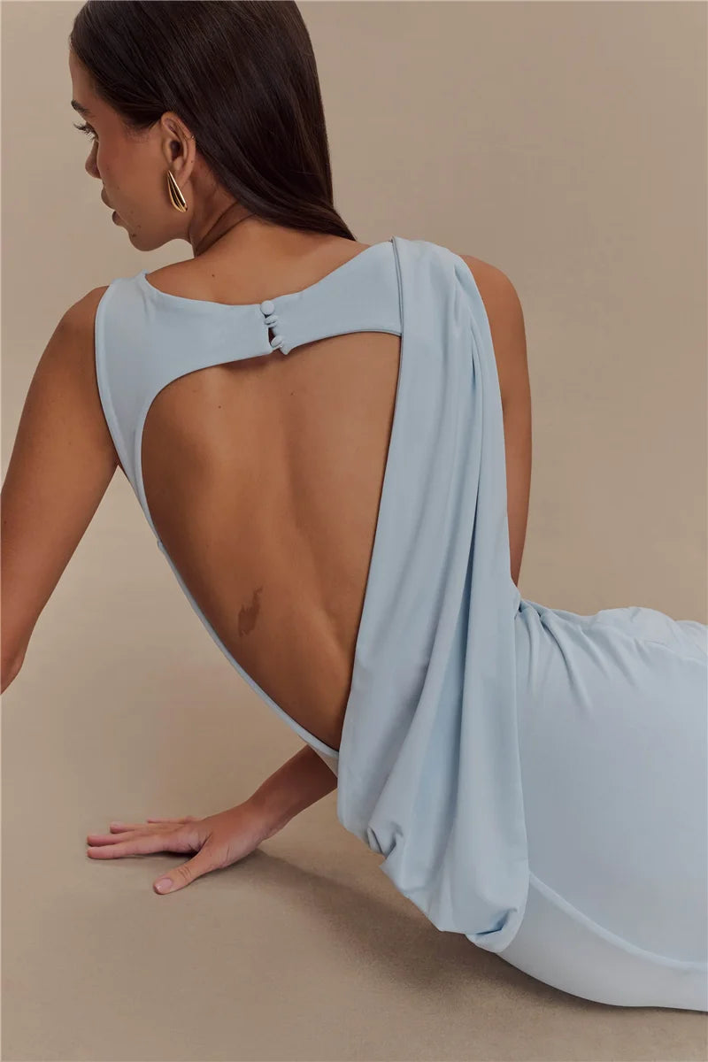 Backless Ruched Sexy Maxi Tank Dress Women Gown Summer New O Neck Thigh High Split Bodycon Elegant Long Dress Fashion