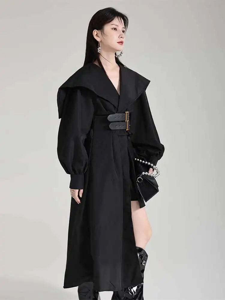 Women Black Irregular Shirt Dress New Lapel Lartern Long Sleeve Belt Waist Loose Fashion Tide Spring Autumn 2025 1DH2257