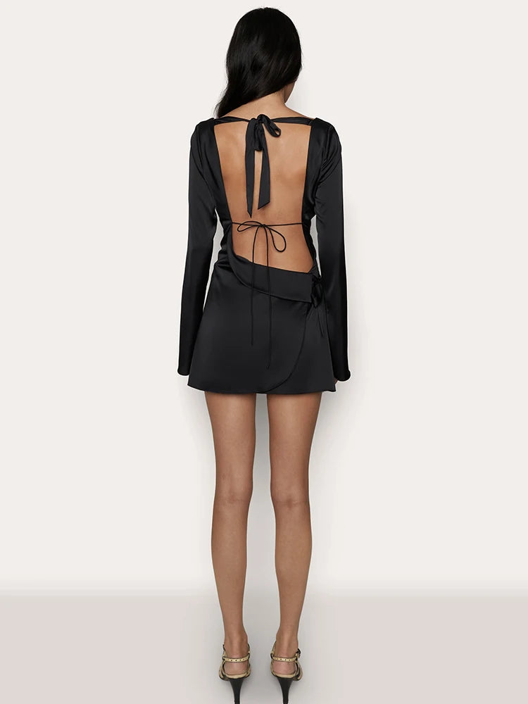 Elegant Long Sleeved Bodycon Dress Women Lace Up Open Back Slim Fit Mini Dress Female Fashion Party Club Evening Dress