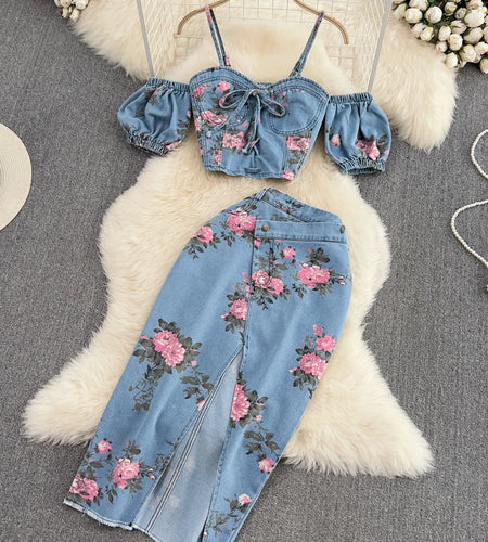 Women 2 Piece Set Denim Fashion Female Hot Girl Chic Sexy Sling Top High Waist Irregular Split Skirt Summer Lady Suit