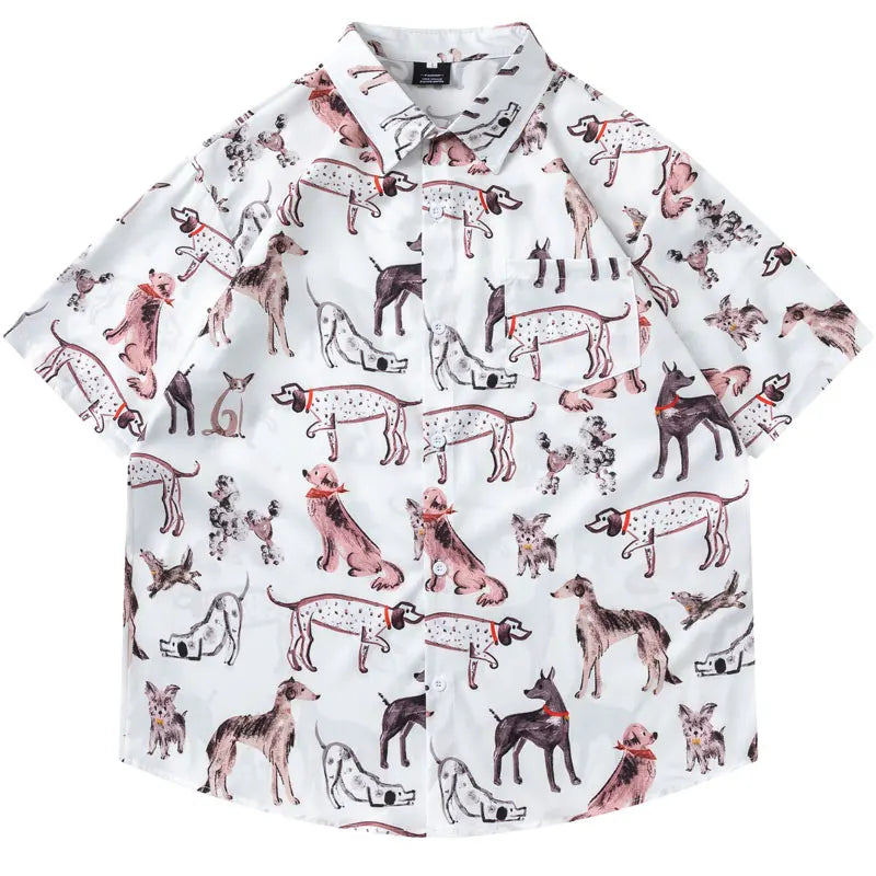 Harajuku Hawaiian Shirts Graffiti Cartoon Dog Graphic Printed Summer Beach Blouse Men Hip Hop Baggy Button Up Short Sleeve Tops